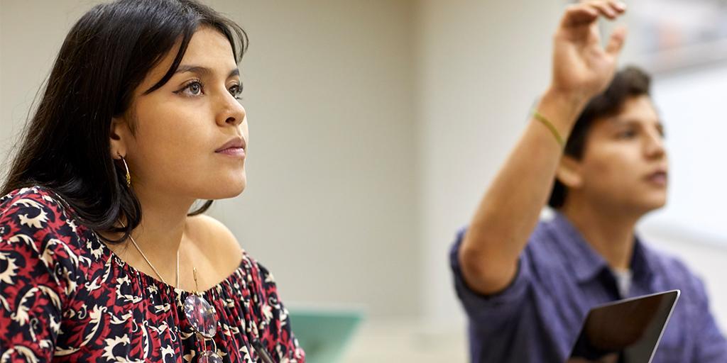 a student raises his hand in a lecture hall